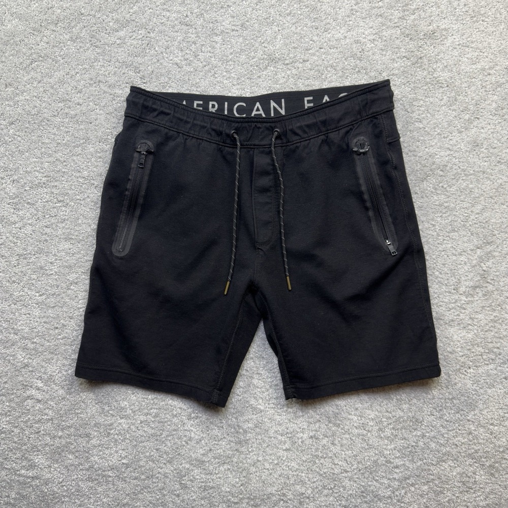American Eagle AE Mens L Black Tech Shorts 3 Zip Pockets Drawstring Stretch